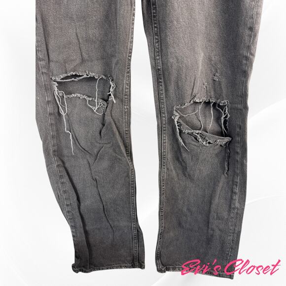 Zara Women's Black Relaxed Fit High Rise Wide Legs Distressed Ripped Knees Sz 8 - Picture 4 of 8